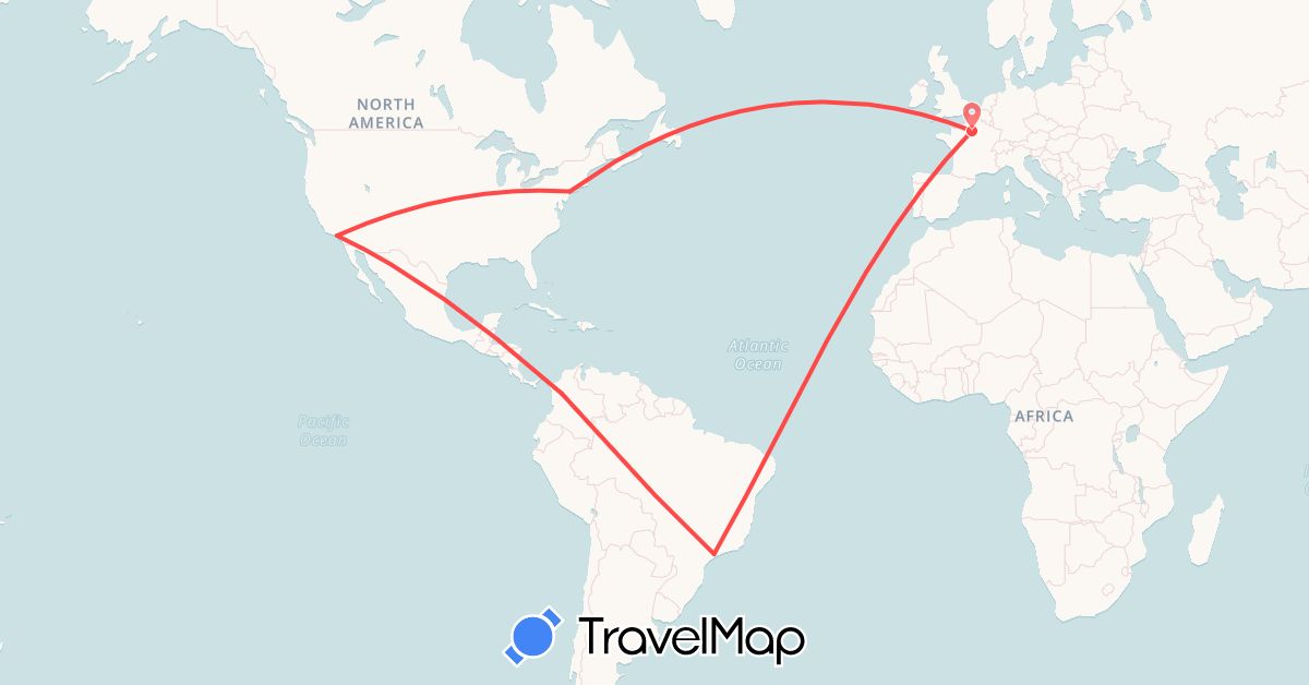 TravelMap itinerary: driving, hiking in Brazil, Colombia, France, United States (Europe, North America, South America)